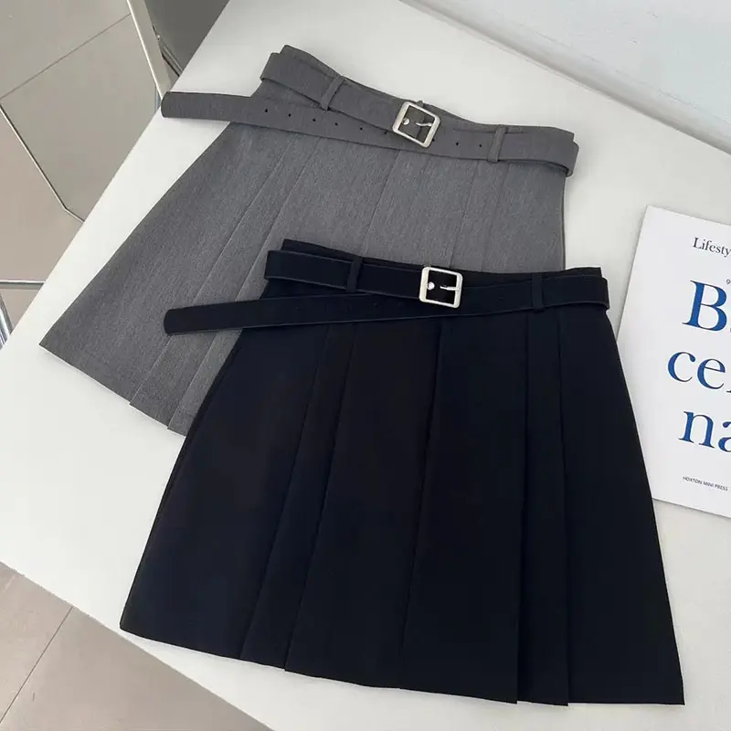 A-Line Skirt for Women Summer New High Waist Black Gray Pleated Skirts Female Casual Student Mini Skirts
