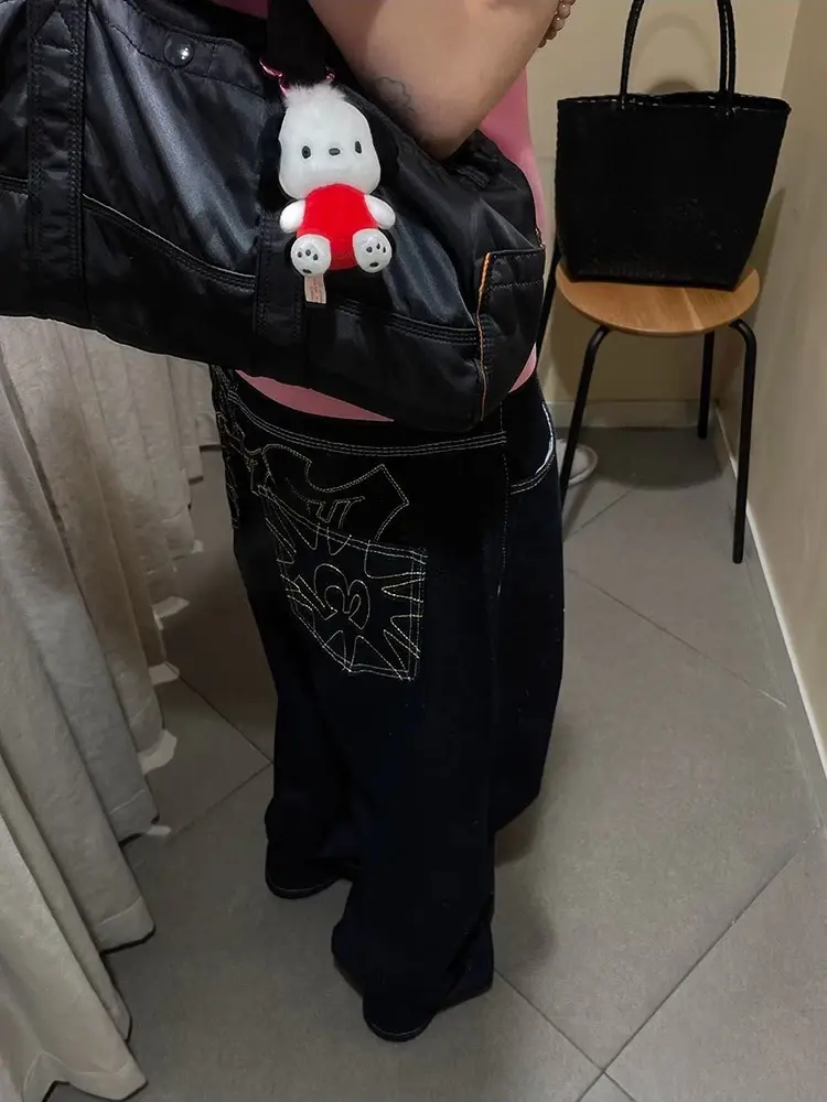Y2k Embroidered Black Wide Leg Jeans Women American Retro Casual Loose Denim Pants Streetwear 2025 New High Waist Baggy Trousers