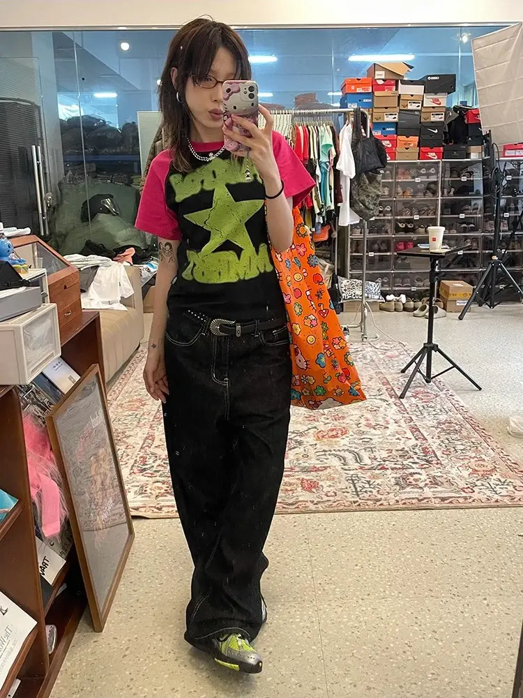 Y2k Embroidered Black Wide Leg Jeans Women American Retro Casual Loose Denim Pants Streetwear 2025 New High Waist Baggy Trousers