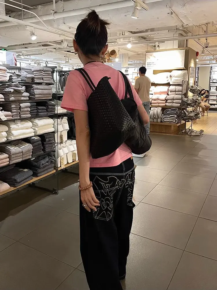 Y2k Embroidered Black Wide Leg Jeans Women American Retro Casual Loose Denim Pants Streetwear 2025 New High Waist Baggy Trousers
