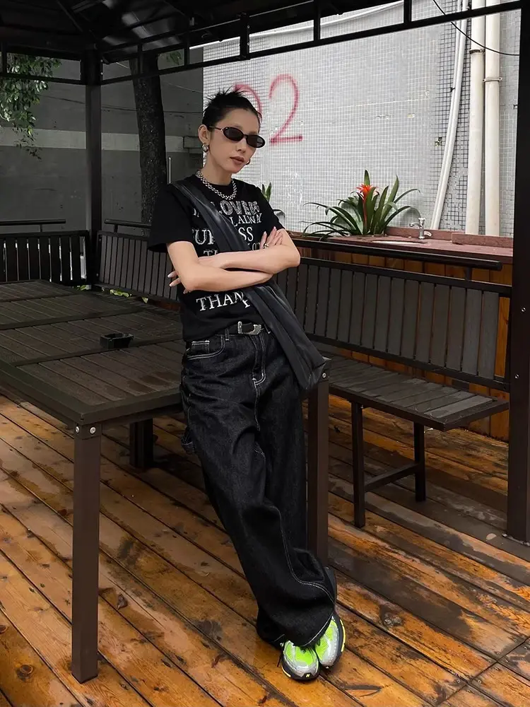 Y2k Embroidered Black Wide Leg Jeans Women American Retro Casual Loose Denim Pants Streetwear 2025 New High Waist Baggy Trousers