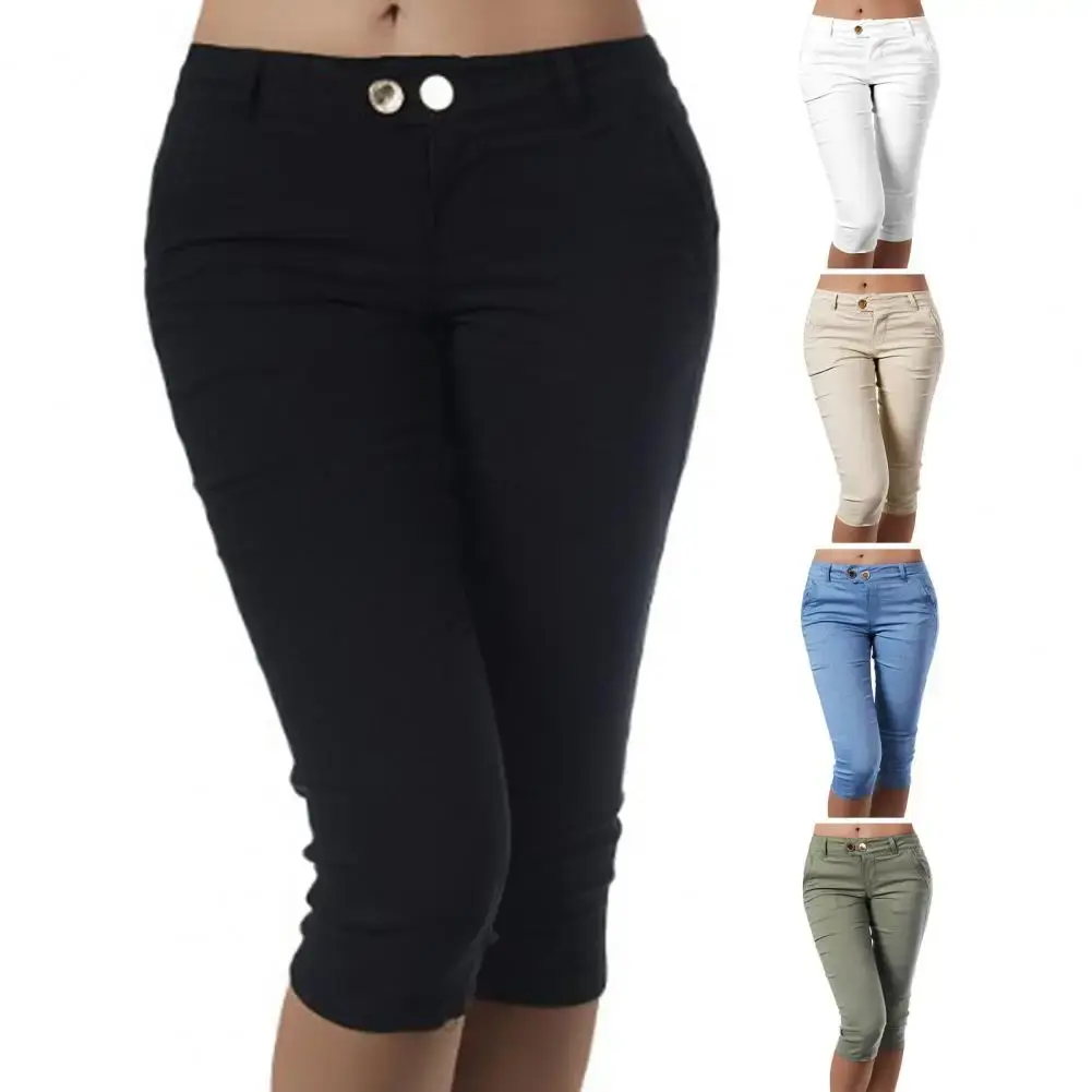 Women Pants Solid Color Mid Waist Skinny Summer Pants Slim-fitting Stretchy Pants Streetwear