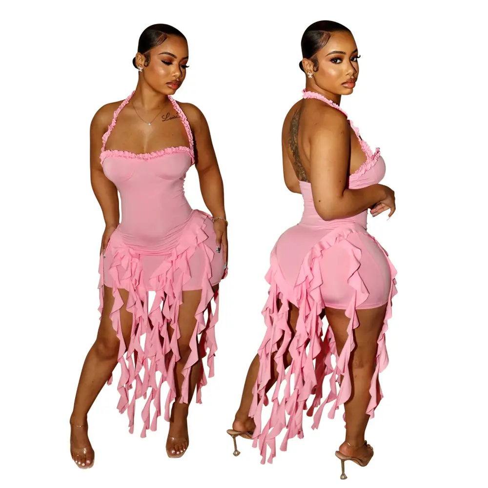 Women's Halter Dress Solid Low-cut Ruffle Irregular Bodycon Fringed Party Dress Night Clubwear Fashion Sexy Summer 2024