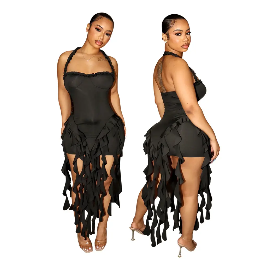 Women's Halter Dress Solid Low-cut Ruffle Irregular Bodycon Fringed Party Dress Night Clubwear Fashion Sexy Summer 2024