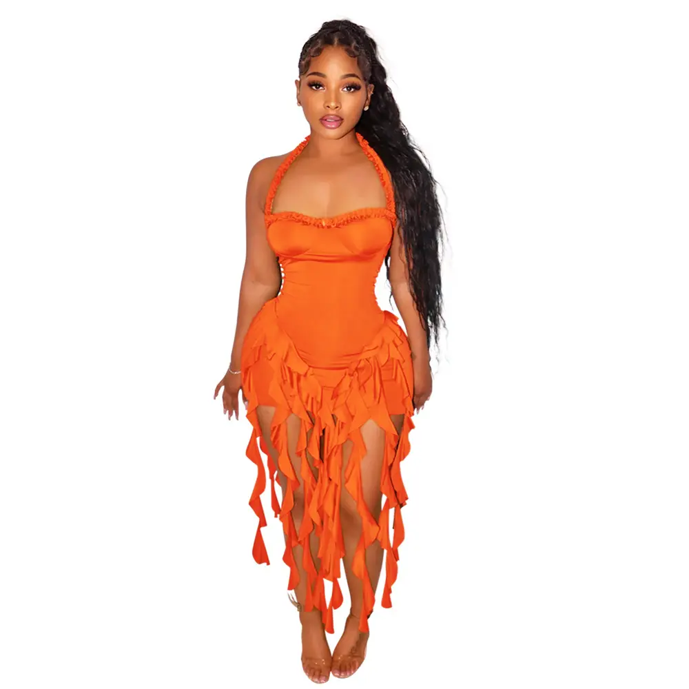 Women's Halter Dress Solid Low-cut Ruffle Irregular Bodycon Fringed Party Dress Night Clubwear Fashion Sexy Summer 2024