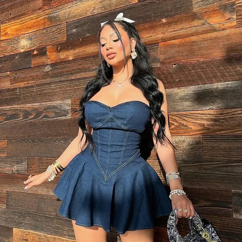 Summer 2025 New Temperament Wrap Hip A Skirt European And American Style Sexy Bra Imitation Denim Dress For Women