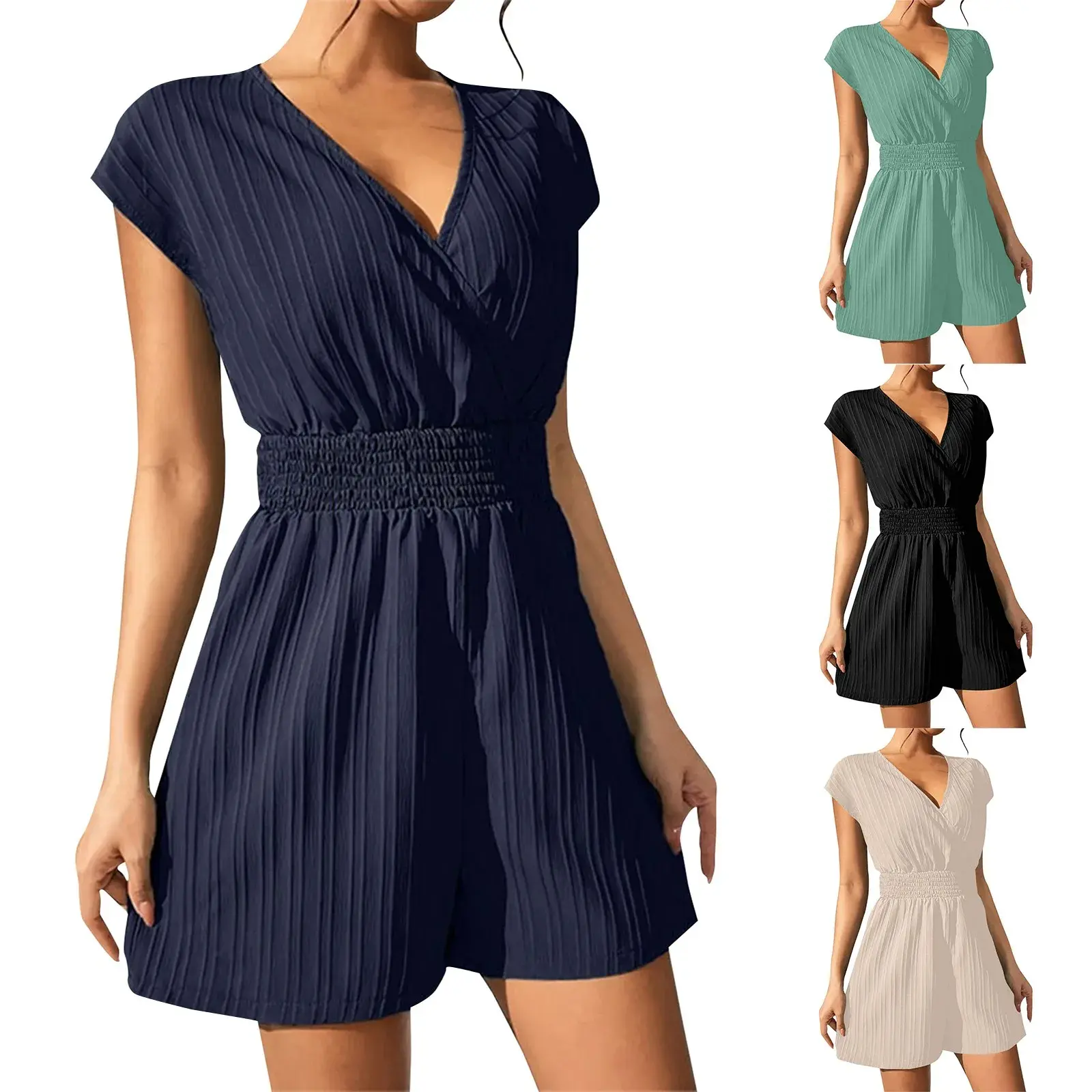Women V Neck Rompers 2025 Summer Shorts Jumpsuits Short Sleeved Playsuits With Pockets Casual Solid Loose Beach Overalls