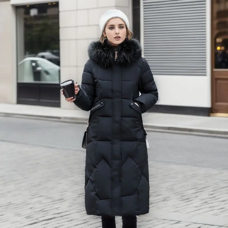 Women Winter Jacket Long Overcoat 2024 New Thicken Coat Fur Collar Hooded Zipper Warm Snow Wear Woman Padded Clothes