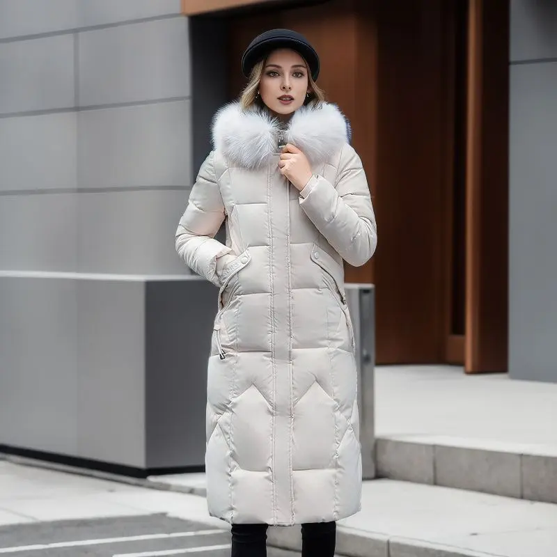 Women Winter Jacket Long Overcoat 2024 New Thicken Coat Fur Collar Hooded Zipper Warm Snow Wear Woman Padded Clothes