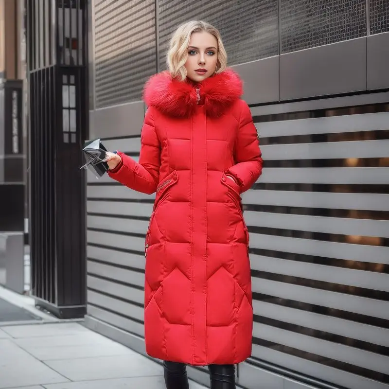 Women Winter Jacket Long Overcoat 2024 New Thicken Coat Fur Collar Hooded Zipper Warm Snow Wear Woman Padded Clothes