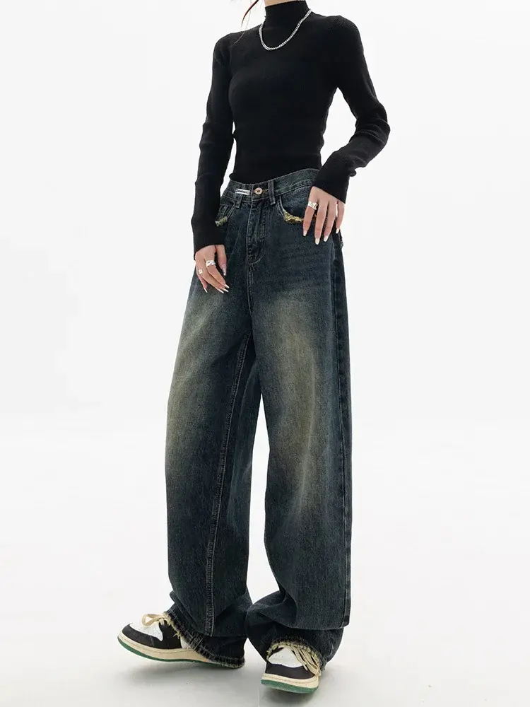 Spring Autumn Wide Leg Jeans Women High Waist Denim Trousers Women's Jeans Harajuku Vintage BF Style Loose Femme Streeetwear