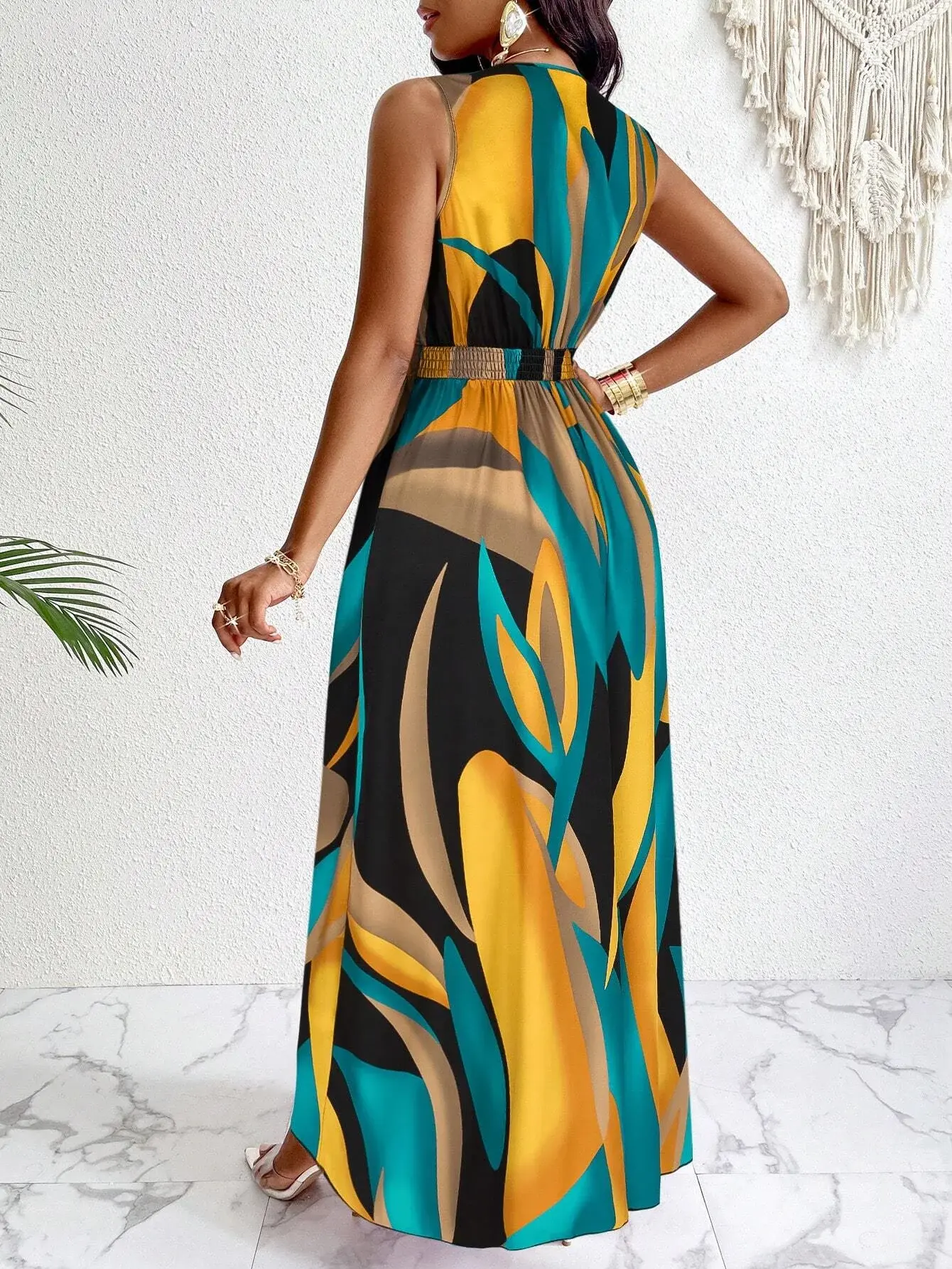 Women's Dress 2025 Summer New Elegant Style High Waist V-neck Printed Dress