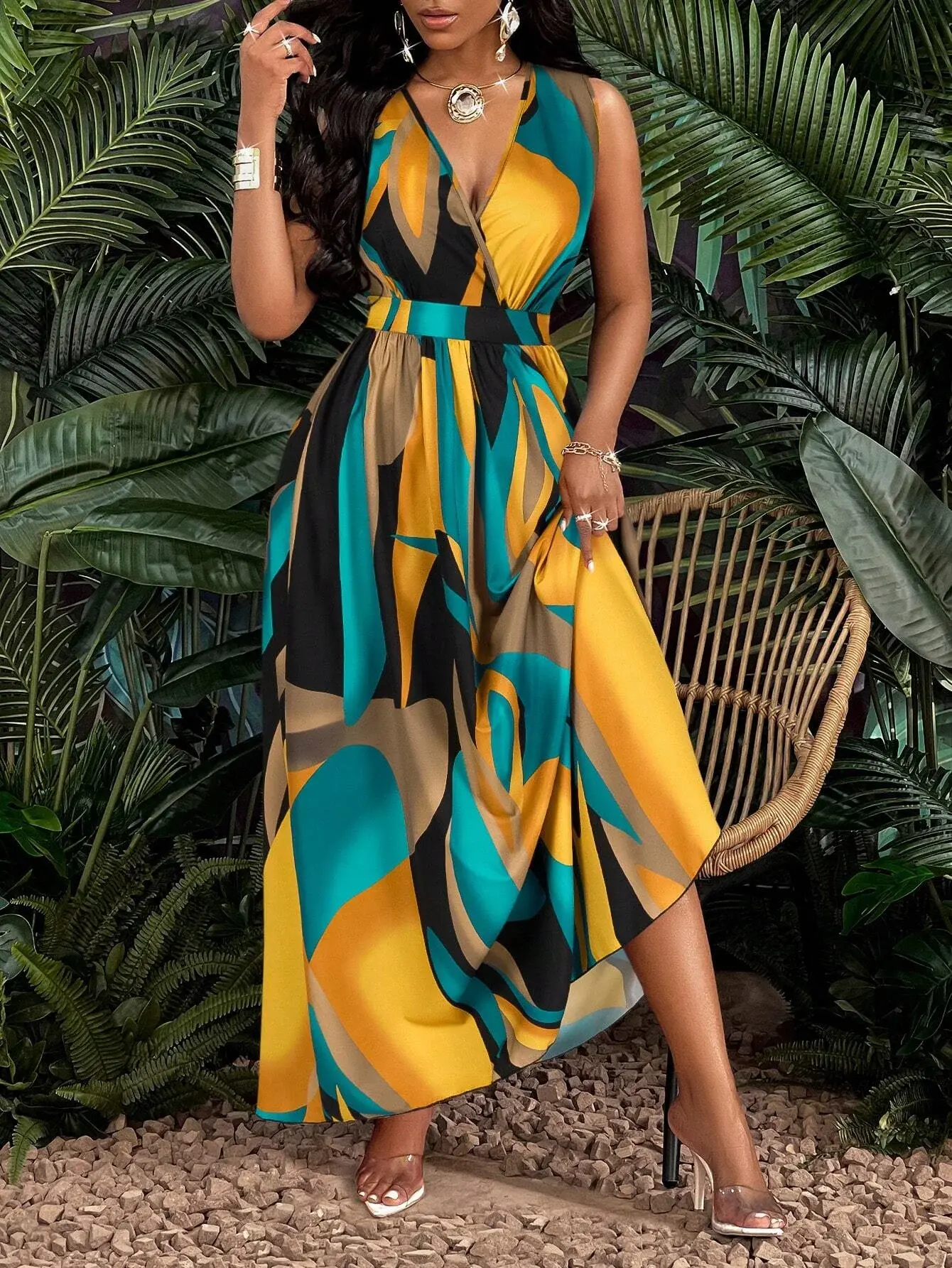 Women's Dress 2025 Summer New Elegant Style High Waist V-neck Printed Dress