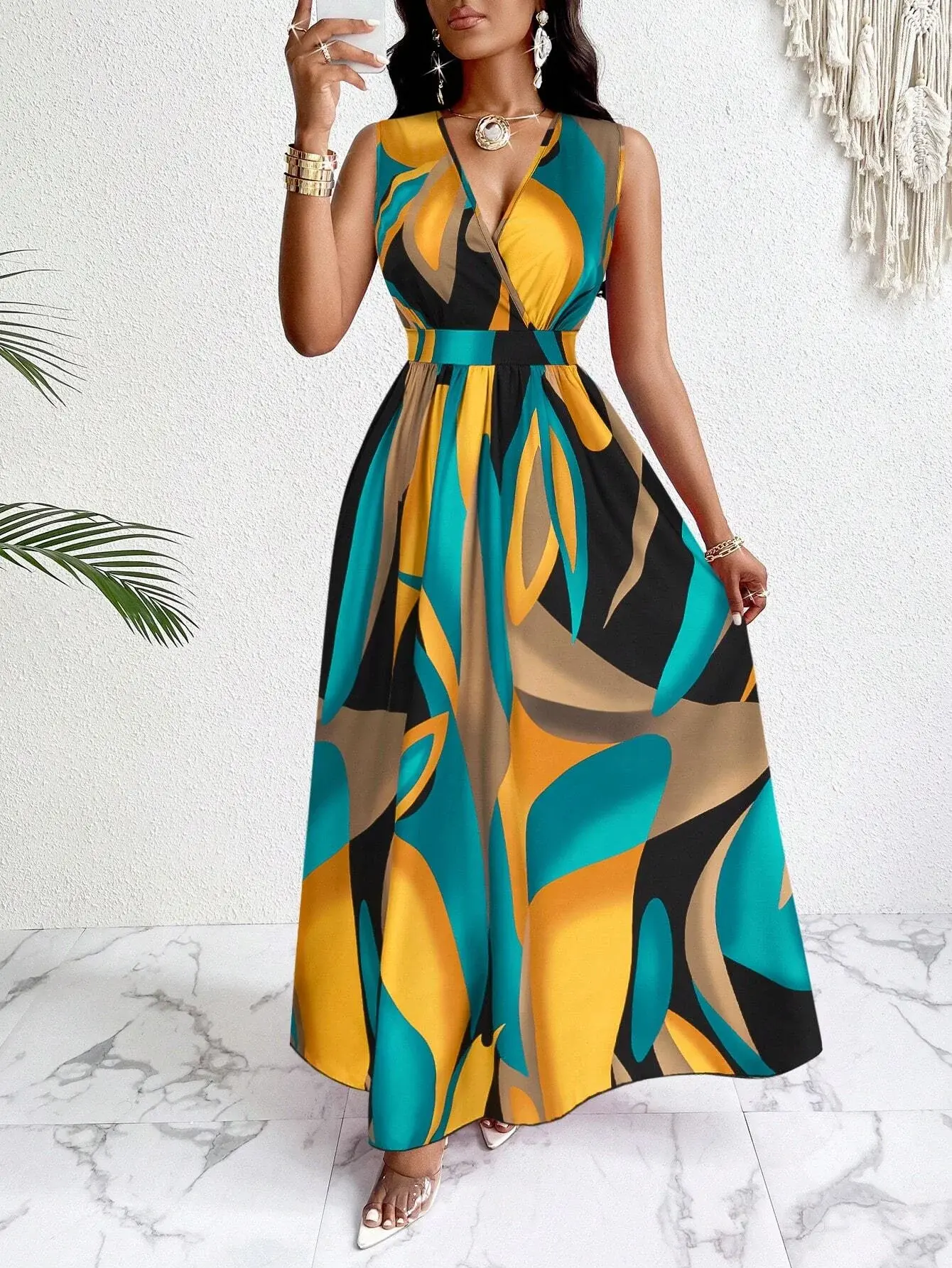 Women's Dress 2025 Summer New Elegant Style High Waist V-neck Printed Dress