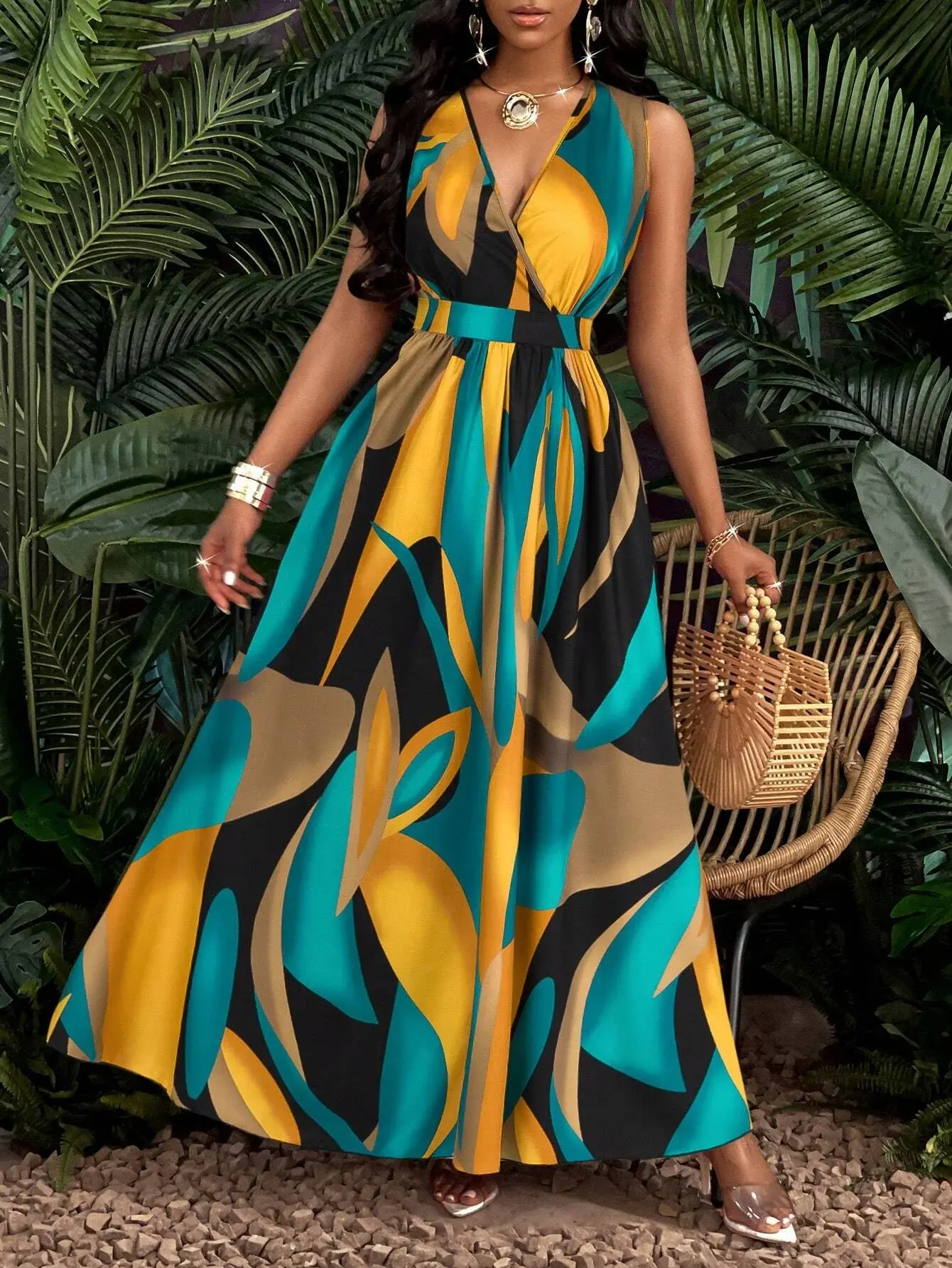 Women's Dress 2025 Summer New Elegant Style High Waist V-neck Printed Dress