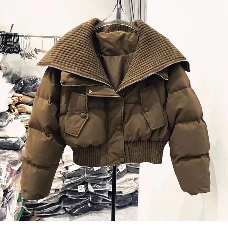 Thickening Down Jacket Women Coat Black Flip Collar Fashion American Streetwear Duck Down Feather Female Winter Short Outwear