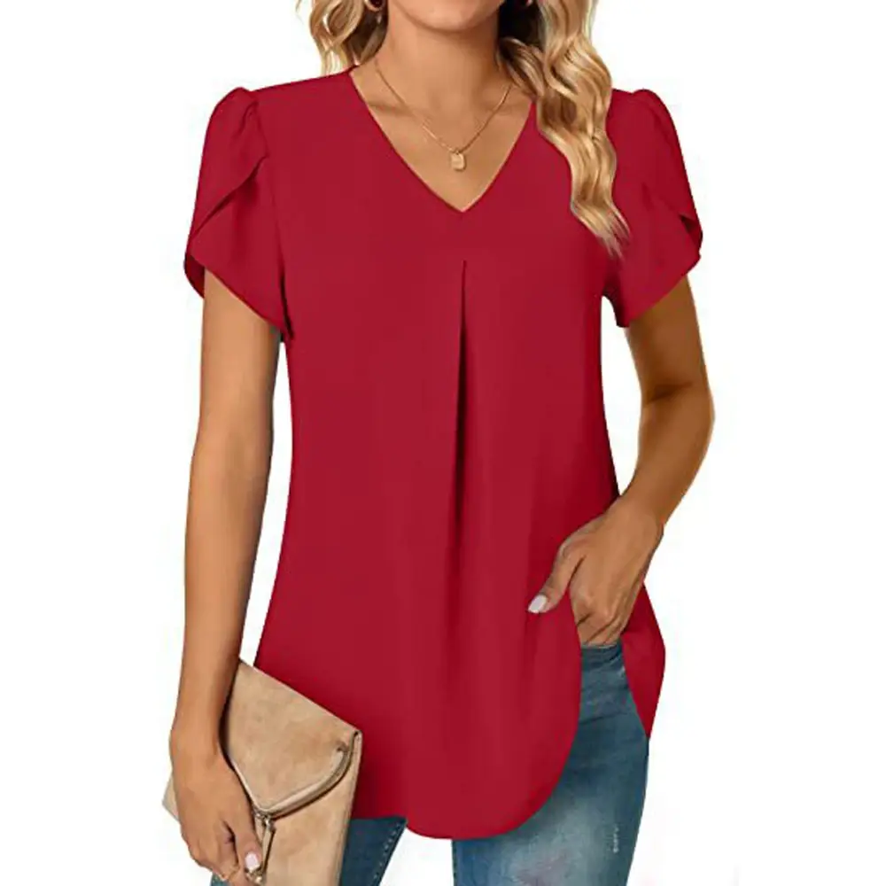 Sexy V Neck Ruffle Short Sleeve Blouse Shirts Summer Women V Neck Solid Color Loose OL Workout Blouse Tops