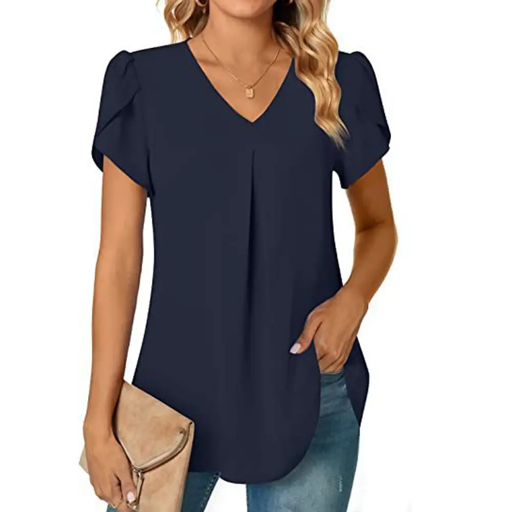 Sexy V Neck Ruffle Short Sleeve Blouse Shirts Summer Women V Neck Solid Color Loose OL Workout Blouse Tops