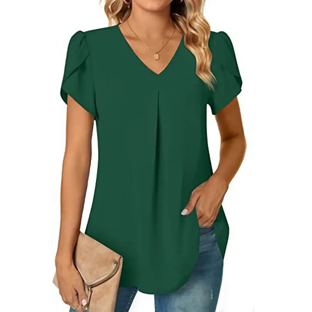 Sexy V Neck Ruffle Short Sleeve Blouse Shirts Summer Women V Neck Solid Color Loose OL Workout Blouse Tops