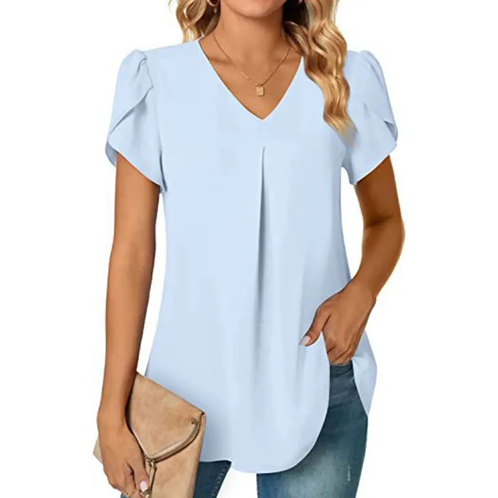Sexy V Neck Ruffle Short Sleeve Blouse Shirts Summer Women V Neck Solid Color Loose OL Workout Blouse Tops
