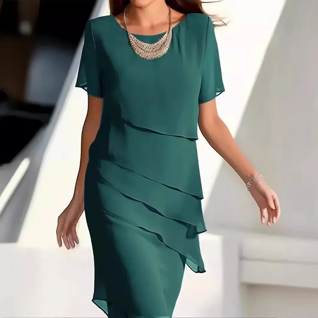 2025 Summer New Independent Station Dress Chiffon Round Neck Short Sleeves Dress Patchwork Style Other Patterns
