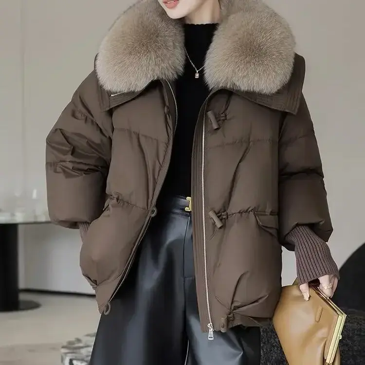 Brown Down Jacket Women Winter Coat New Fashion Warm Thick Short Loose Cotton Splicing Fur Collar Quilted Coat Women Clothing