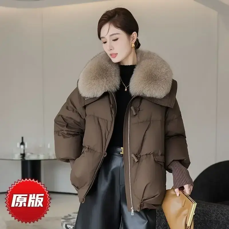 Brown Down Jacket Women Winter Coat New Fashion Warm Thick Short Loose Cotton Splicing Fur Collar Quilted Coat Women Clothing