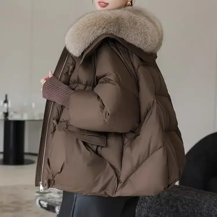 Brown Down Jacket Women Winter Coat New Fashion Warm Thick Short Loose Cotton Splicing Fur Collar Quilted Coat Women Clothing