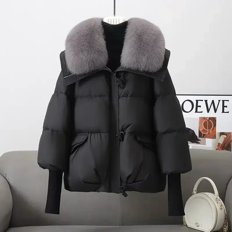 Brown Down Jacket Women Winter Coat New Fashion Warm Thick Short Loose Cotton Splicing Fur Collar Quilted Coat Women Clothing