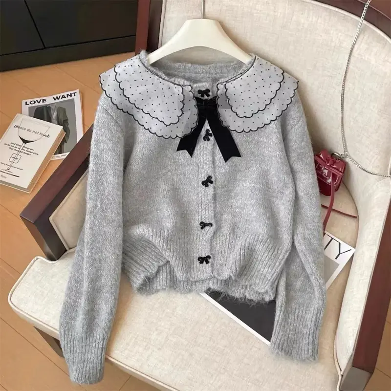 Autumn Winter  Collar Knitted Sweater top Fashion Solid Button Cute Cardigan Coat Sweet Korean Women Clothing