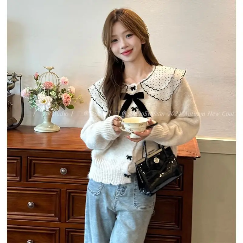 Autumn Winter  Collar Knitted Sweater top Fashion Solid Button Cute Cardigan Coat Sweet Korean Women Clothing