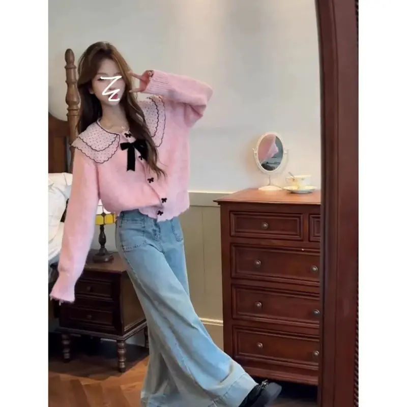 Autumn Winter  Collar Knitted Sweater top Fashion Solid Button Cute Cardigan Coat Sweet Korean Women Clothing