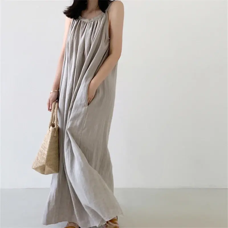Summer Cotton and Linen Tank Long Dresses for Women 2025 New Vintage O-Neck Sleeveless Strapless Dress Female