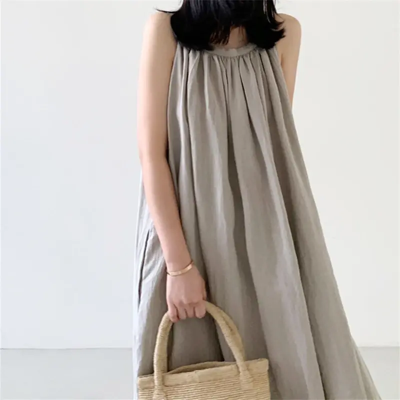 Summer Cotton and Linen Tank Long Dresses for Women 2025 New Vintage O-Neck Sleeveless Strapless Dress Female
