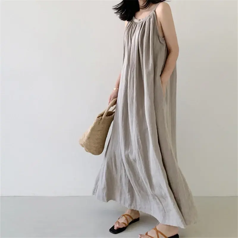 Summer Cotton and Linen Tank Long Dresses for Women 2025 New Vintage O-Neck Sleeveless Strapless Dress Female