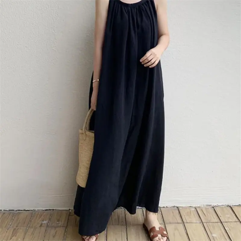 Summer Cotton and Linen Tank Long Dresses for Women 2025 New Vintage O-Neck Sleeveless Strapless Dress Female