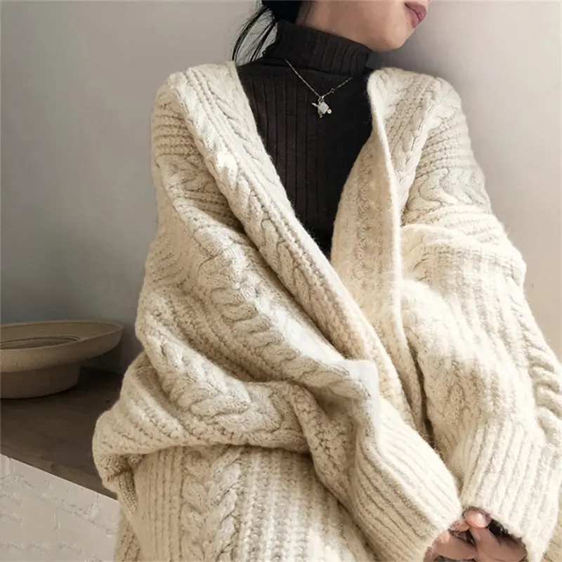 Autumn Women Loose Warm Long Cardigan Coat Solid Long Sleeve Thicken Sweater  Coat Women Streetwear Outerwear Winter