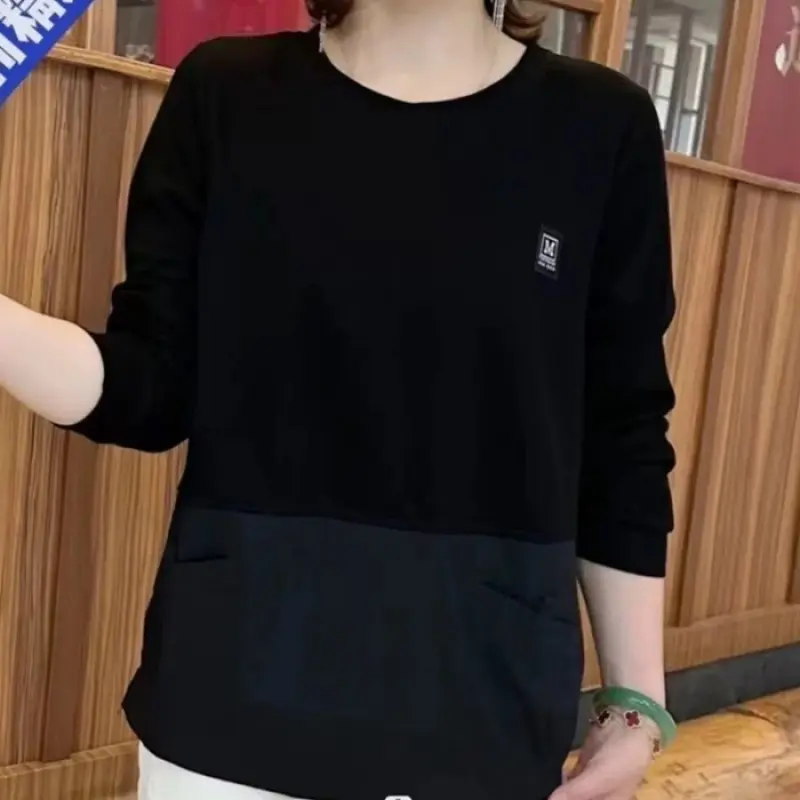 2024  Middle Age Woman Spring New Casual Round Neck Solid Color Large Size Loose Long Sleeved T-shirt