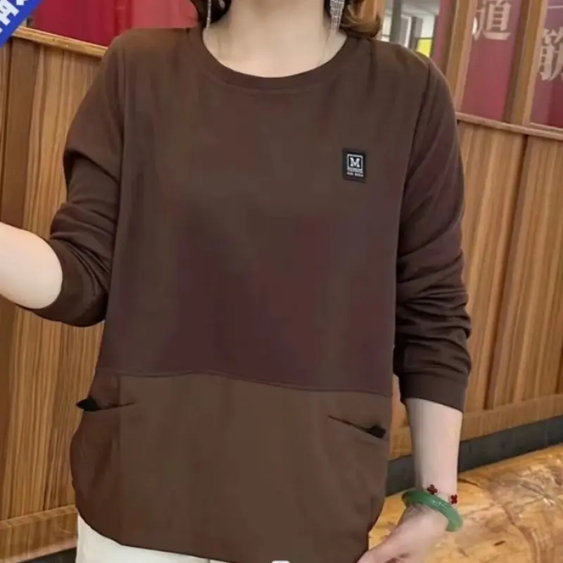 2024  Middle Age Woman Spring New Casual Round Neck Solid Color Large Size Loose Long Sleeved T-shirt