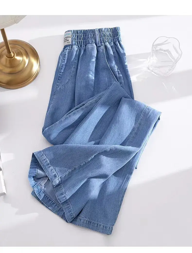 Wide Leg Pants Women Jeans Stretch Elastic Waist Lace Up Drawstring Distressed Washed Streetwear 2025 Summer Denim Trousers