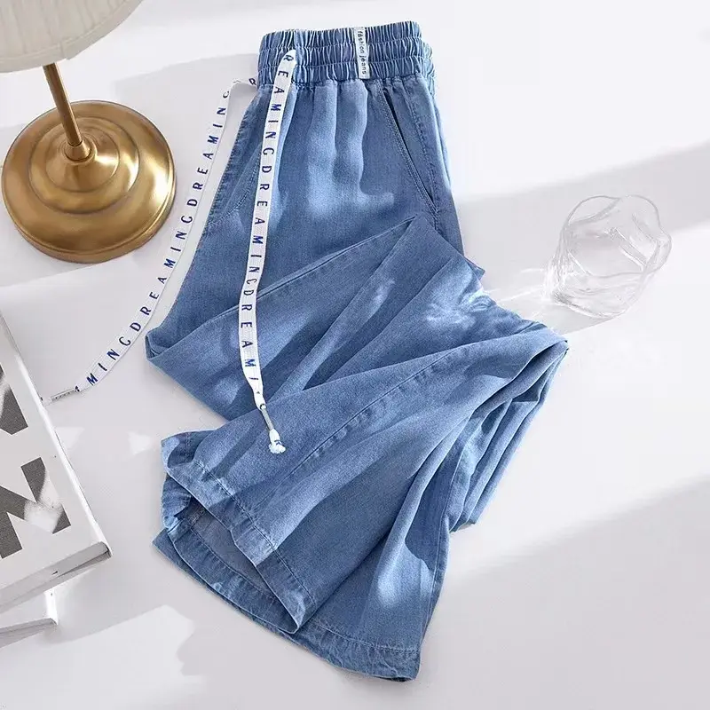 Wide Leg Pants Women Jeans Stretch Elastic Waist Lace Up Drawstring Distressed Washed Streetwear 2025 Summer Denim Trousers