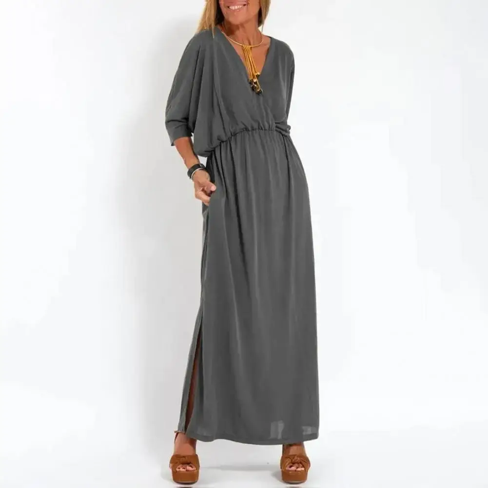 Women V Neck Dress Elegant V-neck Split Dress for Women Loose Fit High Waisted Solid Color Spring Summer Shirt