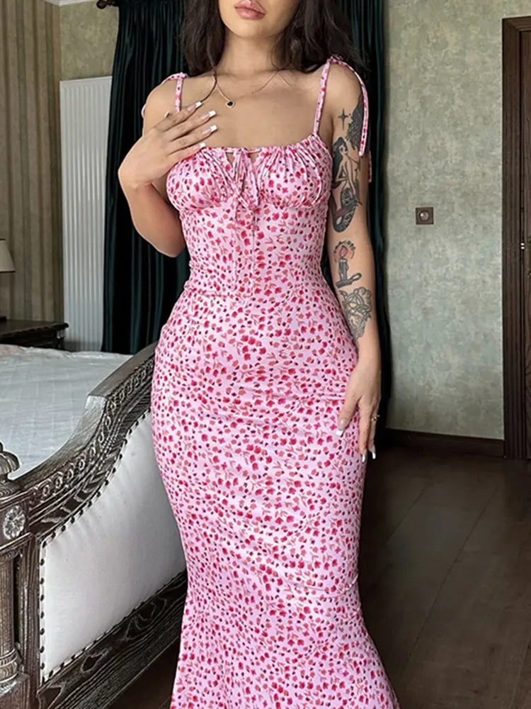 Summer Sexy Women Elegant Floral Printed Beach Vacation Bodycon Streetwear Long Dress Spaghetti Strap Sheath Dress