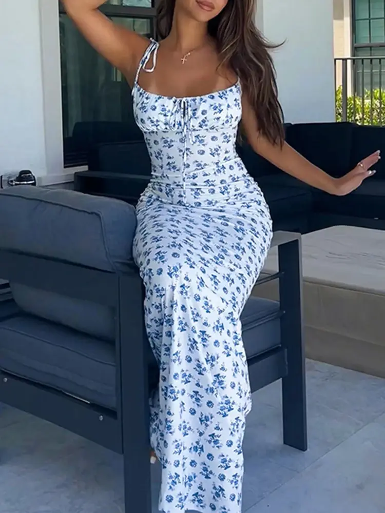 Summer Sexy Women Elegant Floral Printed Beach Vacation Bodycon Streetwear Long Dress Spaghetti Strap Sheath Dress
