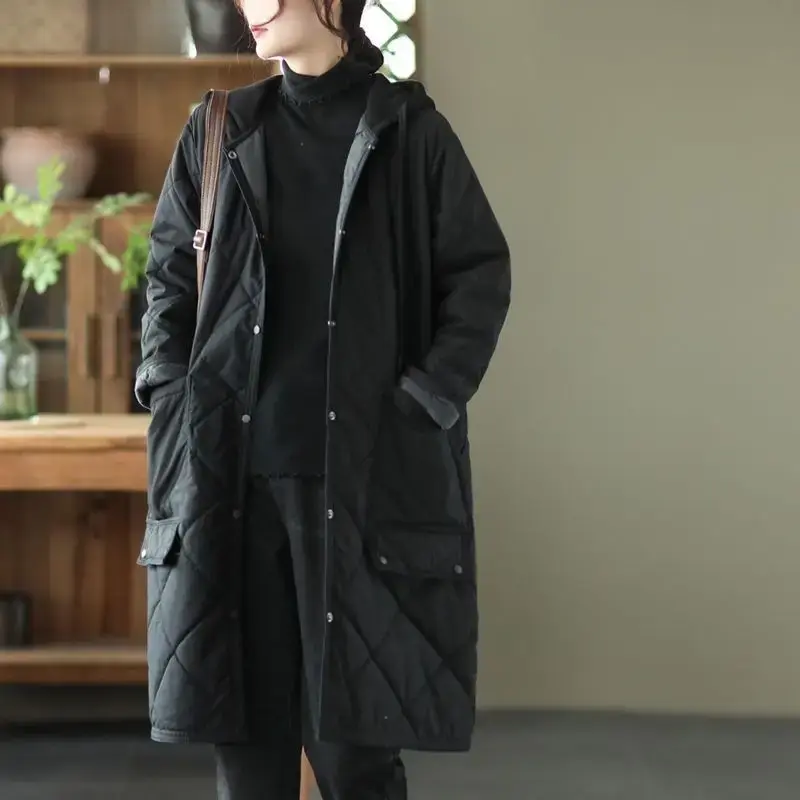 Artistic Thickened Cotton-padded Coat Women's Loose-fit Winter Jacket Medium-length Hooded Cotton Coat Casual Argyle Pattern
