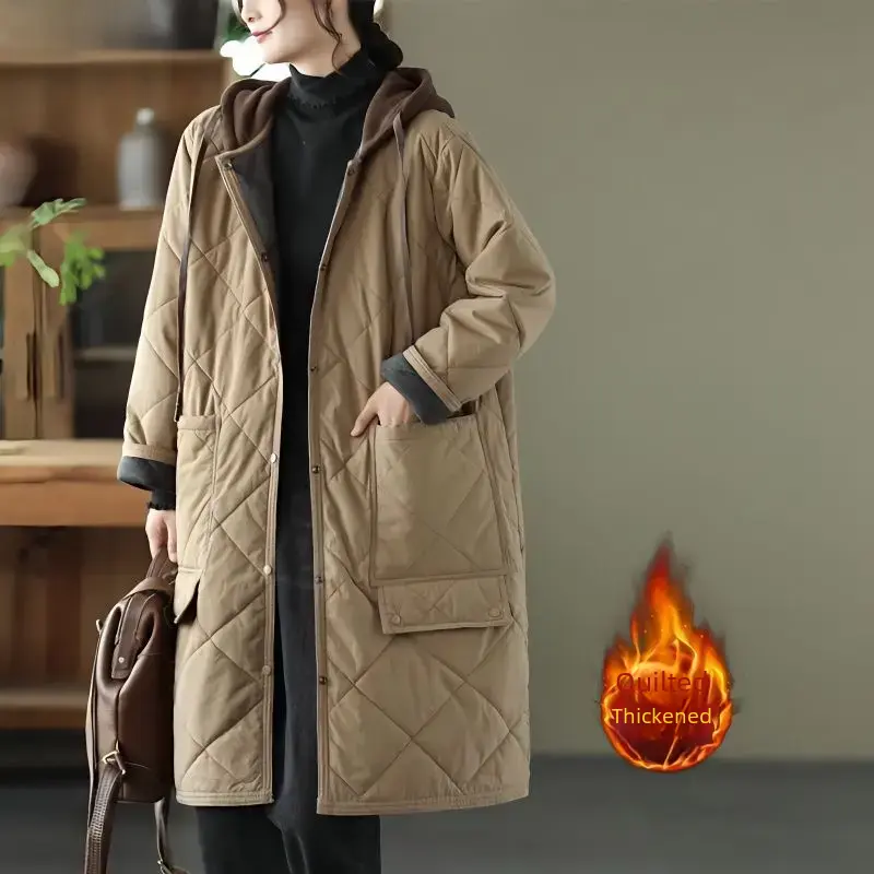 Artistic Thickened Cotton-padded Coat Women's Loose-fit Winter Jacket Medium-length Hooded Cotton Coat Casual Argyle Pattern