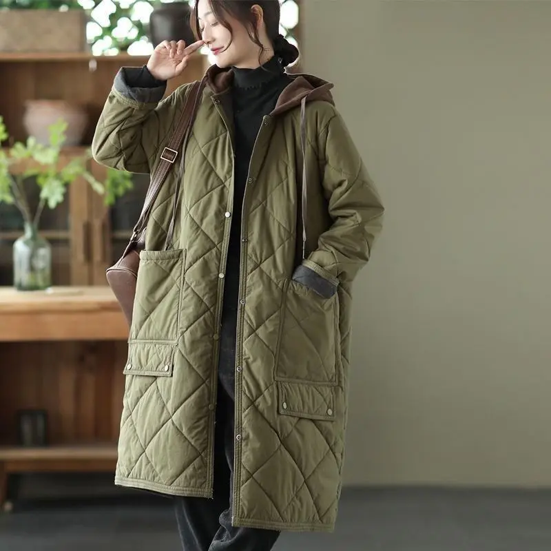 Artistic Thickened Cotton-padded Coat Women's Loose-fit Winter Jacket Medium-length Hooded Cotton Coat Casual Argyle Pattern