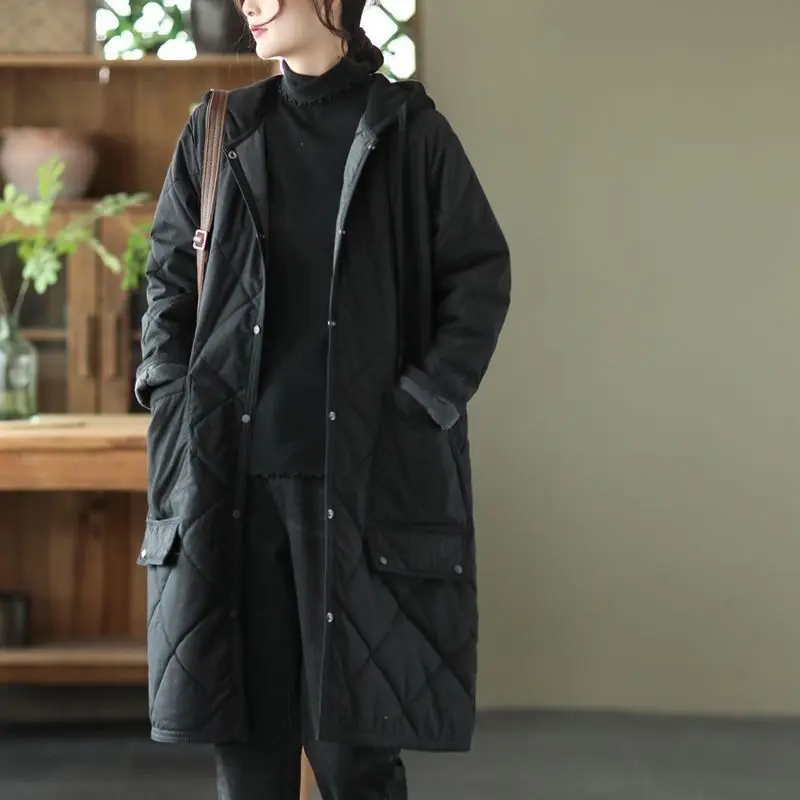 Artistic Thickened Cotton-padded Coat Women's Loose-fit Winter Jacket Medium-length Hooded Cotton Coat Casual Argyle Pattern