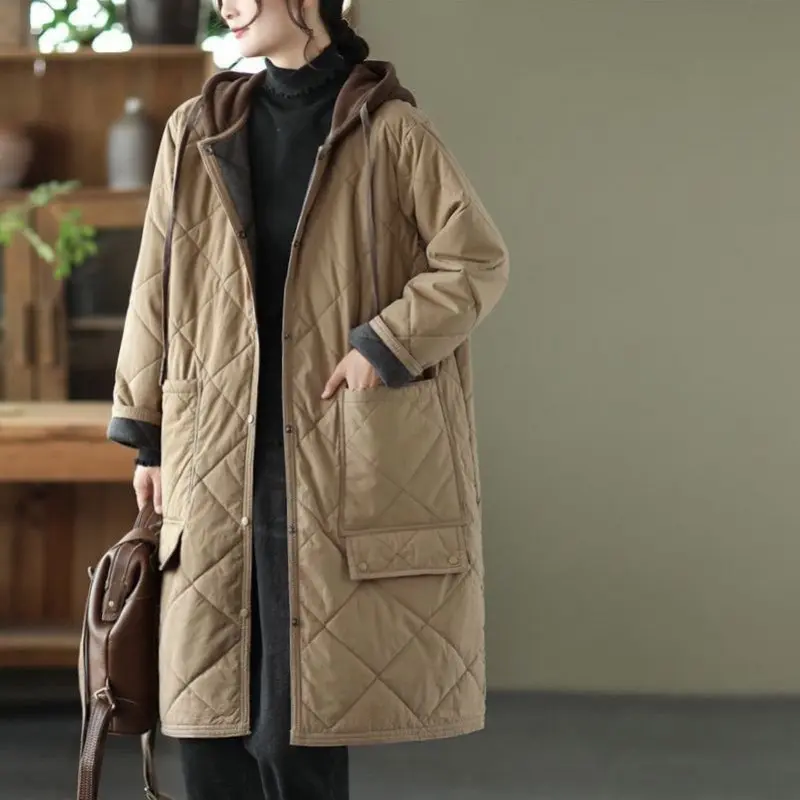 Artistic Thickened Cotton-padded Coat Women's Loose-fit Winter Jacket Medium-length Hooded Cotton Coat Casual Argyle Pattern