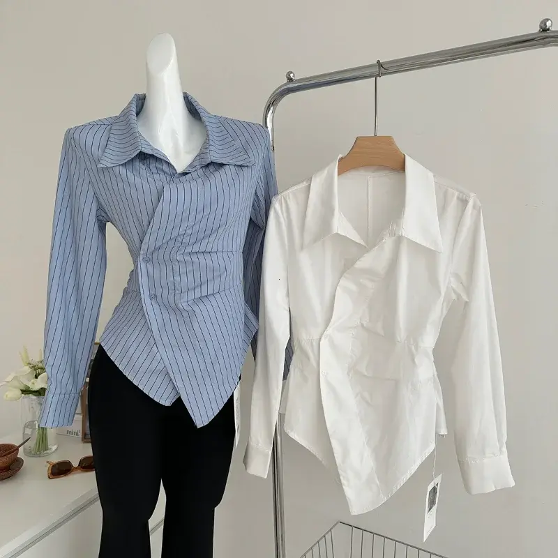 Elegant Striped Shirts Women Vintage Irregular White Blouses Ladies Korean Long Sleeve Chic Buttons Slim Design Tops New